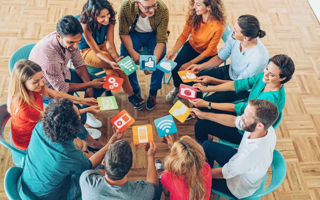 young adults gathered around with animated emojis